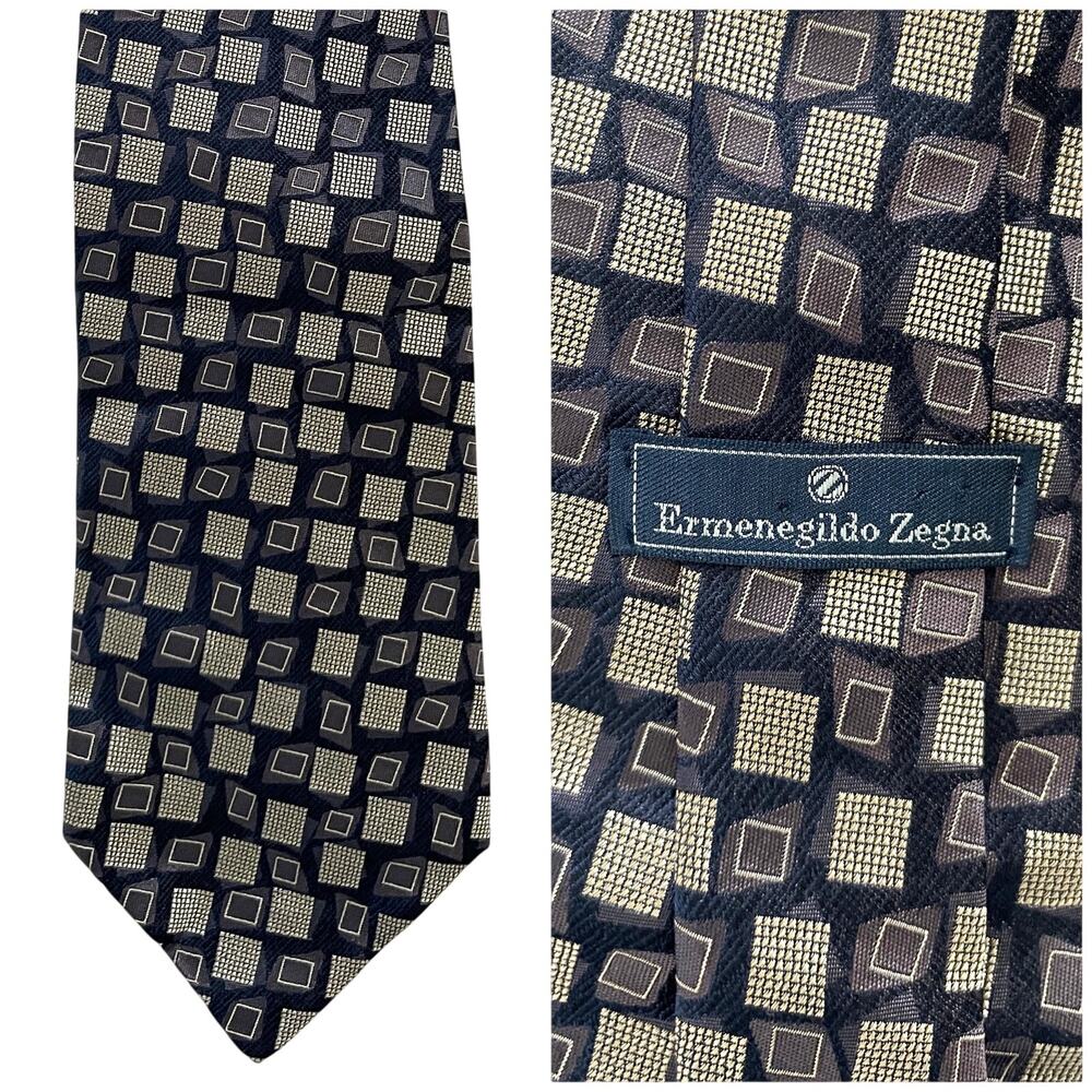 Vintage Ermenegildo Zegna Men’s Brown x Black Geometric Print Silk Tie Italy 4"